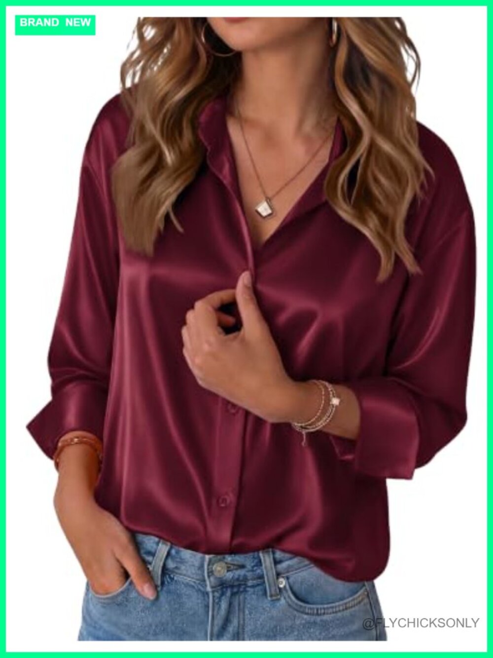 Satin Silk Button Down Shirt Long Sleeve V Neck Loose Work Blouse
